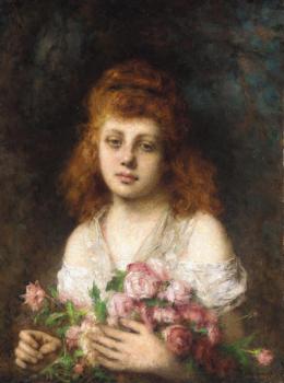 Auburn haired Beauty with Bouquet of Roses